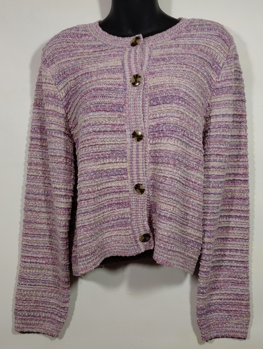 LOFT Lilac and Cream Striped Knit Button Down Cropped Cardigan LG